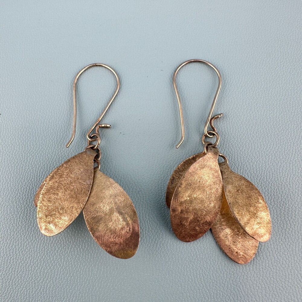 Vintage Sterling Silver Dangle Earrings Oval Disc Leaf Motif Pierced French Wire